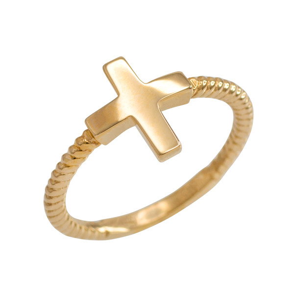 Yellow Gold Roped Sideways Cross Ring