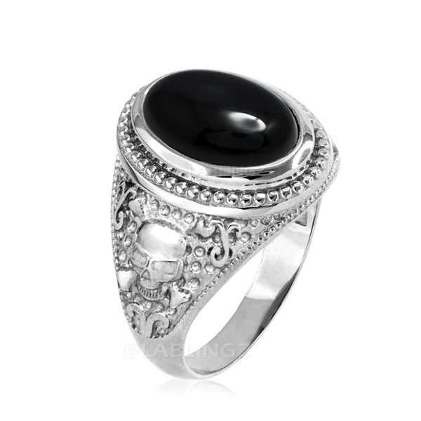 White Gold Skull and Bone Black Onyx Statement Ring.