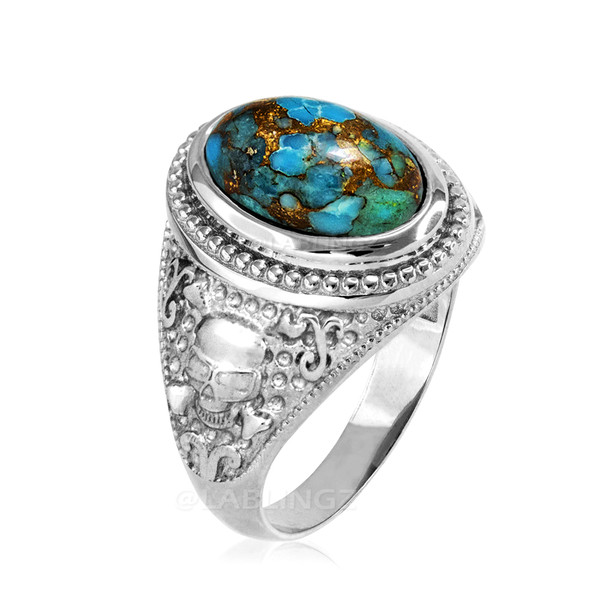 White Gold Skull and Bone Blue Copper Turquoise Statement Ring.