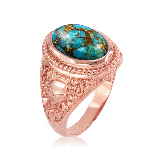 Rose Gold Skull and Bone Blue Copper Turquoise Statement Ring.