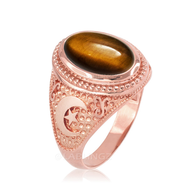 Rose Gold Tiger Eye Islamic Crescent Moon Ring.