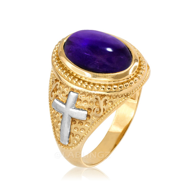 Two-Tone Yellow Gold Purple Amethyst February Birthstone Christian Cross Ring