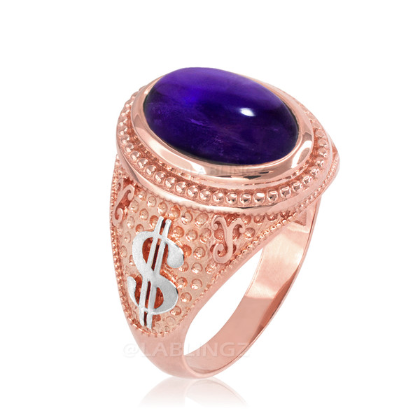 Two-Tone Rose Gold Purple Amethyst February Cash Money Dollar Sign Birthstone Ring