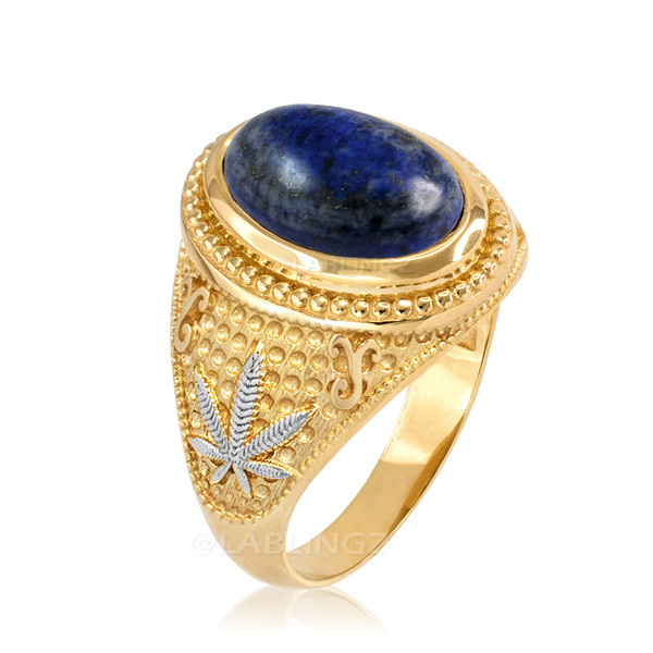 Two-Tone Yellow Gold Marijuana Weed Lapis Lazuli Statement Ring