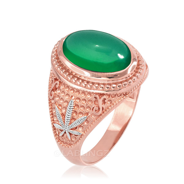 Two-Tone Rose Gold Marijuana Weed Green Onyx Statement Ring