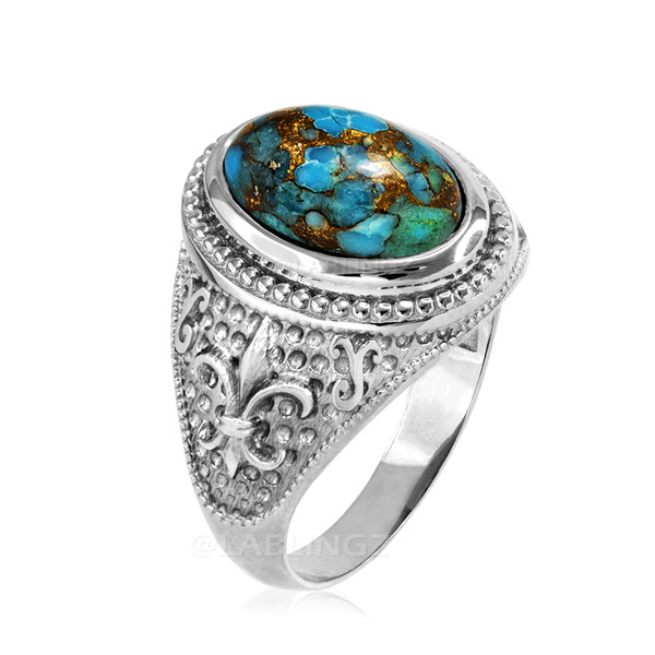 White Gold Blue Copper Turquoise Fleur-De-Lis Gemstone Ring