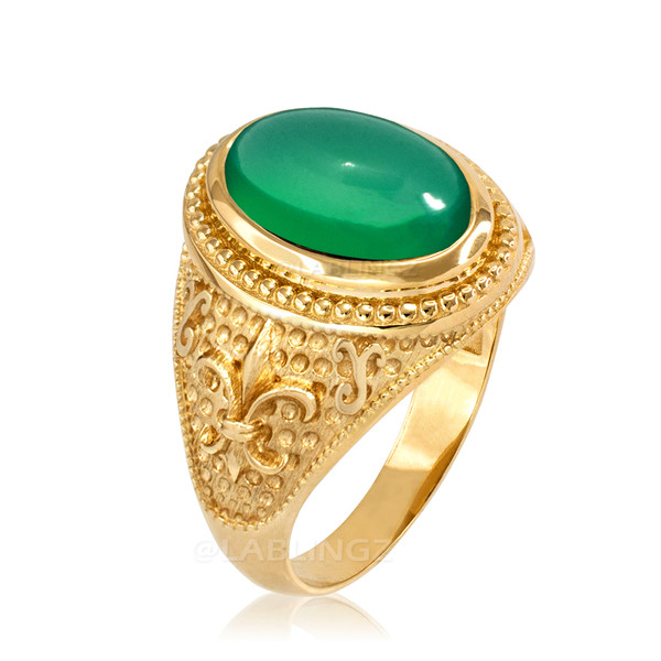 Yellow Gold Green Onyx Fleur-De-Lis Gemstone Ring