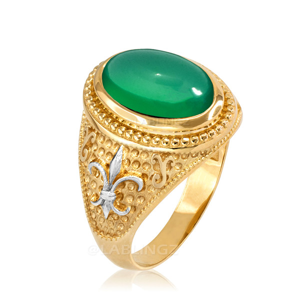 Two-Tone Yellow Gold Green Onyx Fleur-De-Lis Gemstone Ring