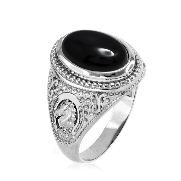 Sterling Silver Black Onyx Lucky Horse Shoe Gemstone Ring