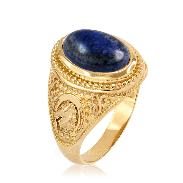 Yellow Gold Lapis Lazuli Lucky Horse Shoe Gemstone Ring