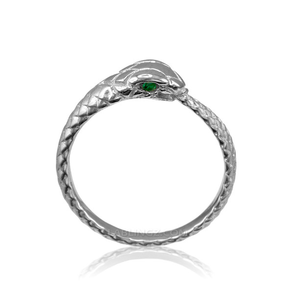 White Gold Ouroboros Snake Emerald Ring