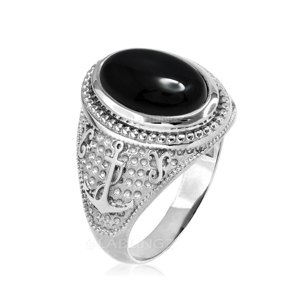 White Gold Marine Anchor Black Onyx Gemstone Ring