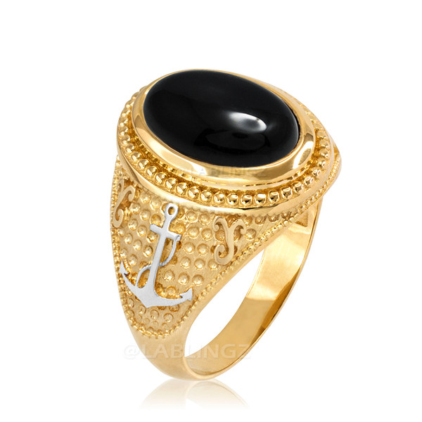 Two-Tone Yellow Gold Marine Anchor Black Onyx Gemstone Ring