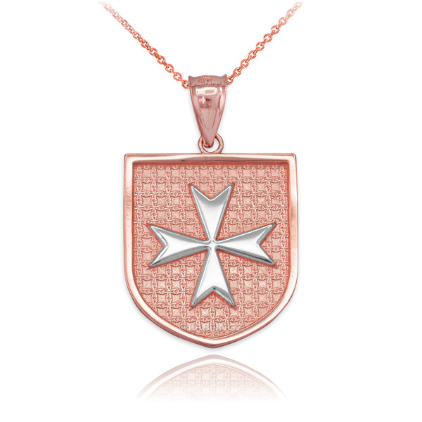 Two-Tone Rose Gold Knights Hospitaller Maltese Cross Badge Pendant Necklace