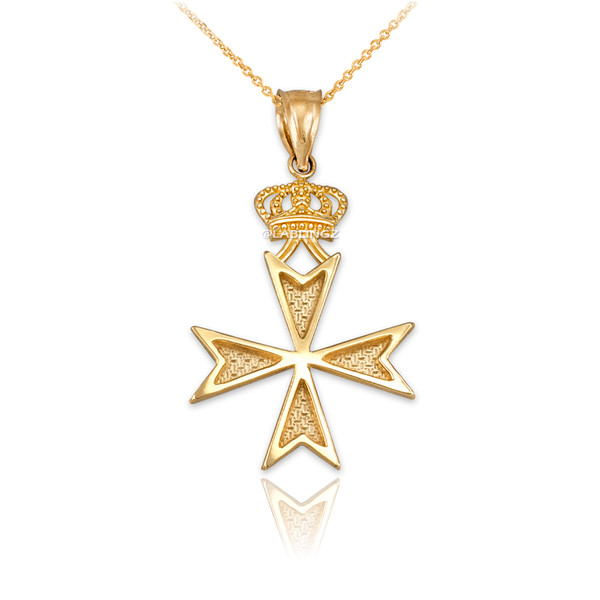 Yellow Gold Maltese Cross Crown Charm Necklace