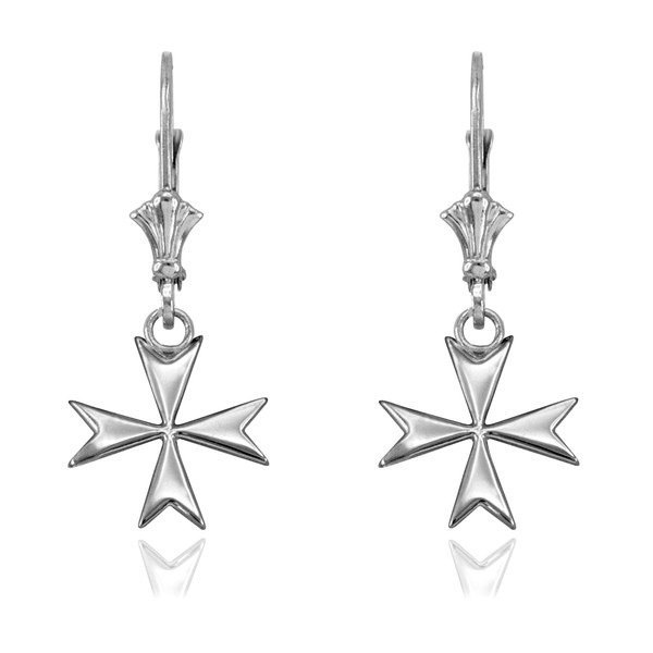 14K White Gold Maltese Cross Earrings