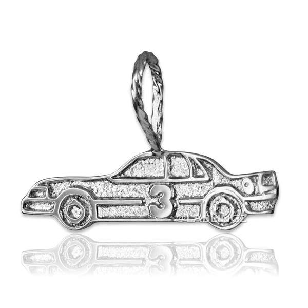 Sterling Silver Textured Race Car #3 Charm Pendant