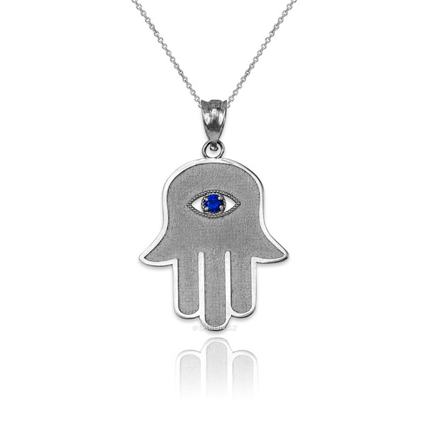 White Gold Hamsa Blue CZ Evil Eye Pendant Necklace