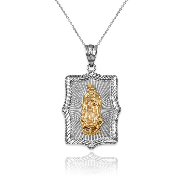 Two-Tone White & Yellow Gold Lady Virgin Mary DC Pendant Necklace