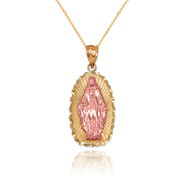 Two-Tone Yellow & Rose Gold Lady of Virgin Mary DC Pendant Necklace