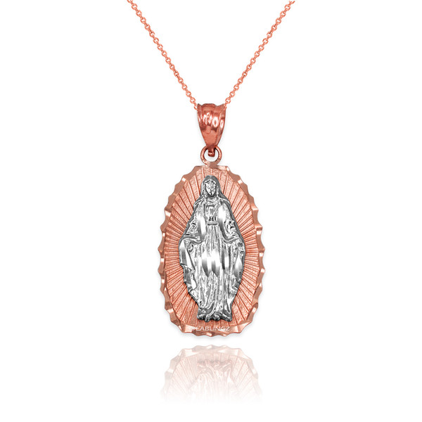 Two-Tone Rose & White Gold Lady of Virgin Mary DC Pendant Necklace