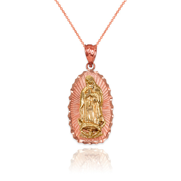 Two-Tone Rose & Yellow Gold  Virgin Mary DC Pendant Necklace