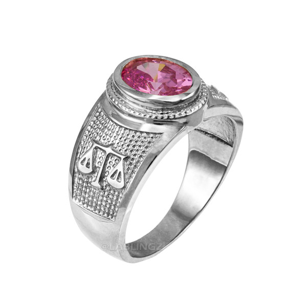 White Gold Libra Zodiac Sign October Birthstone Pink CZ Ring