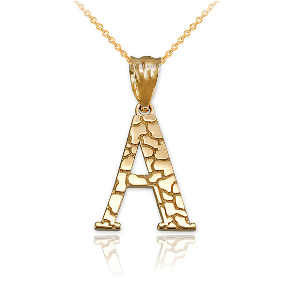 Yellow Gold Nugget Initial Letter "A" Pendant Necklace