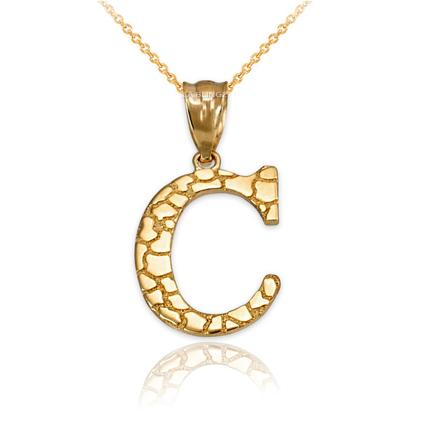 Yellow Gold Nugget Initial Letter "C" Pendant Necklace