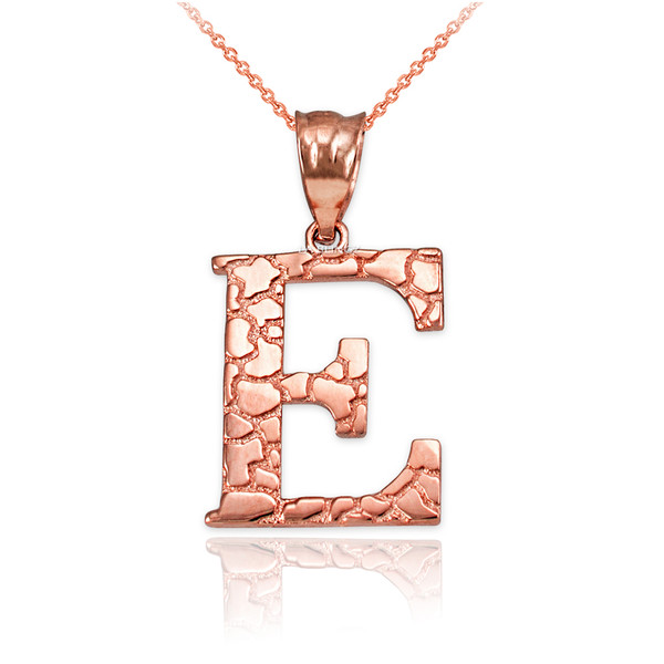 Rose Gold Nugget Initial Letter "E" Pendant Necklace