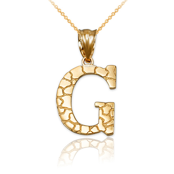 Yellow Gold Nugget Initial Letter "G" Pendant Necklace