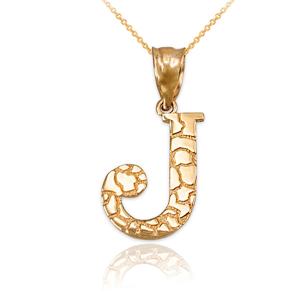 Yellow Gold Nugget Initial Letter "J" Pendant Necklace