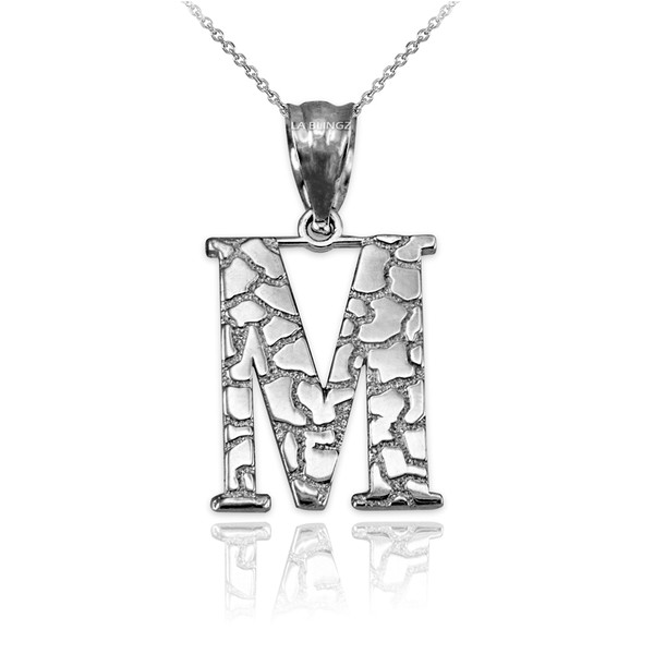 White Gold Nugget Initial Letter "M" Pendant Necklace
