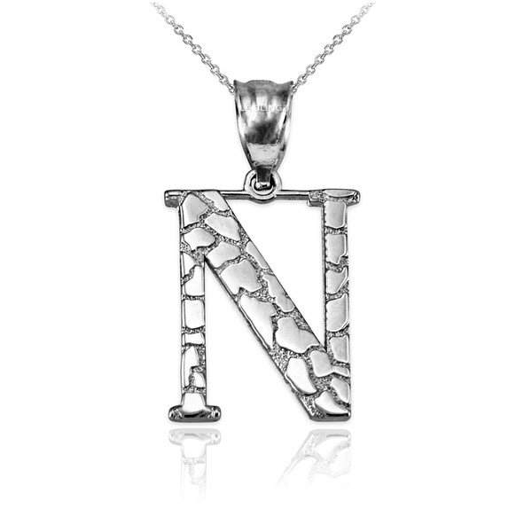 White Gold Nugget Initial Letter "N" Pendant Necklace