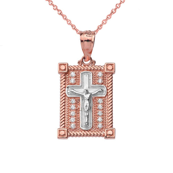 Two-Tone Rose and White Gold Diamond Boxed Cross Charm Necklace