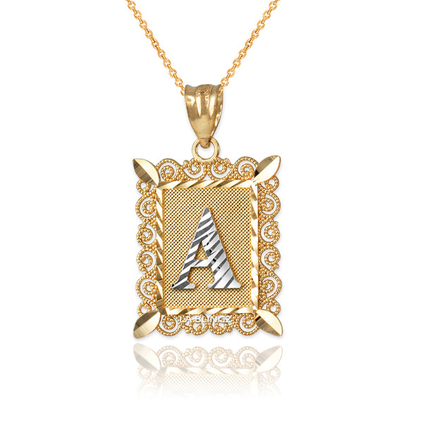 Two-tone Gold Filigree Alphabet Initial Letter "A" DC Pendant Necklace