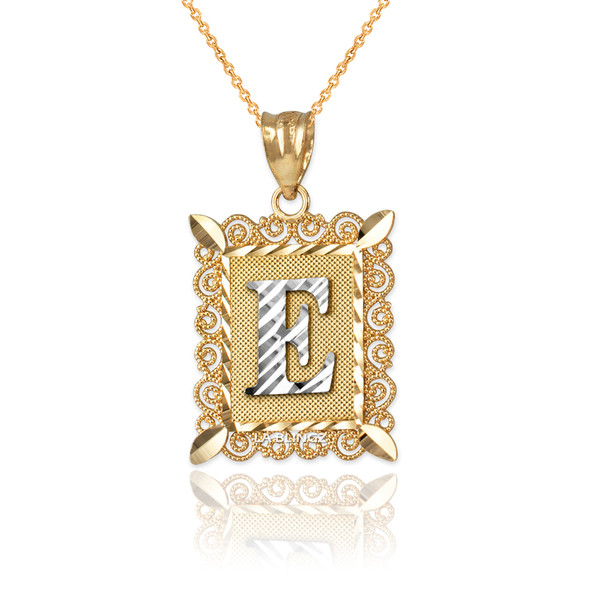 Two-tone Gold Filigree Alphabet Initial Letter "E" DC Pendant Necklace