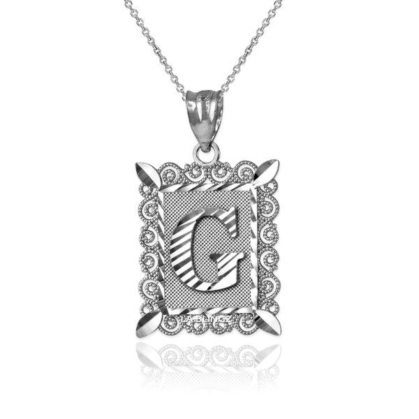 White Gold Filigree Alphabet Initial Letter "G" DC Pendant Necklace