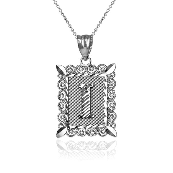White Gold Filigree Alphabet Initial Letter "I" DC Pendant Necklace