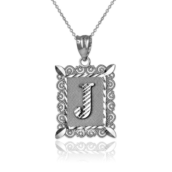 Two-tone White Gold Filigree Alphabet Initial Letter "J" DC Pendant Necklace