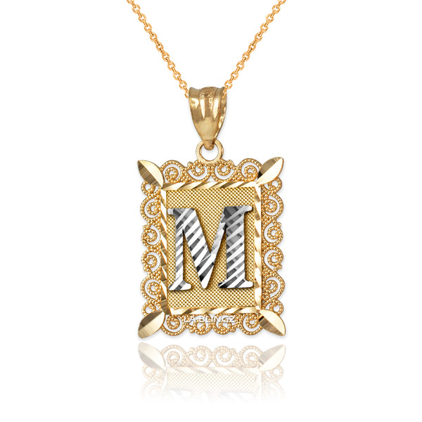 Two-tone Gold Filigree Alphabet Initial Letter "M" DC Pendant Necklace