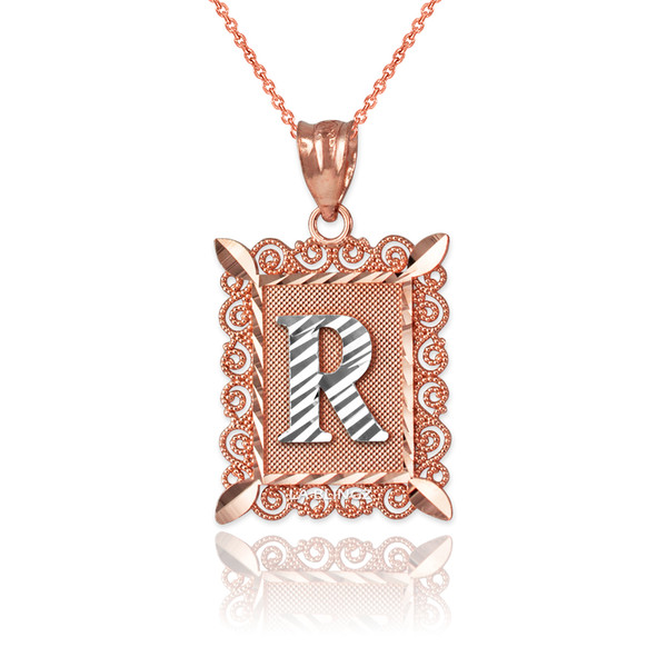 Two-tone Rose Gold Filigree Alphabet Initial Letter "R" DC Pendant Necklace