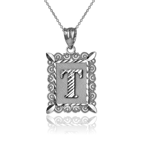 White Gold Filigree Alphabet Initial Letter "T" DC Pendant Necklace