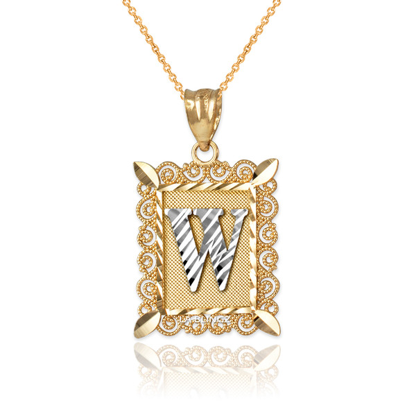 Two-tone Gold Filigree Alphabet Initial Letter "W" DC Pendant Necklace