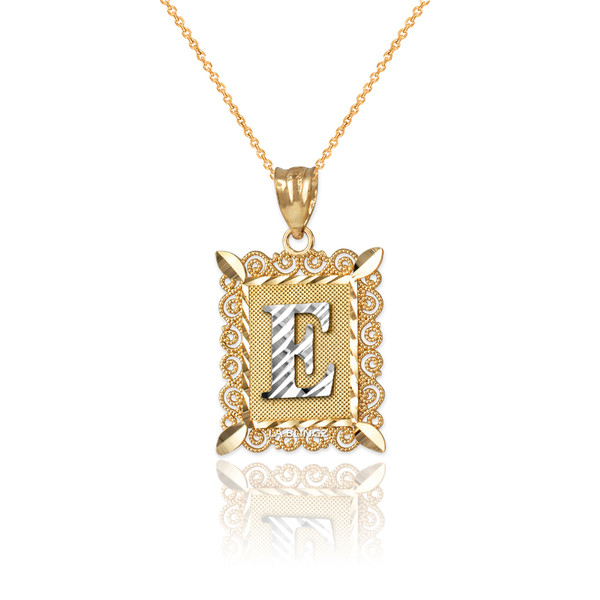 Two-tone Gold Filigree Alphabet Initial Letter "E" DC Charm Necklace