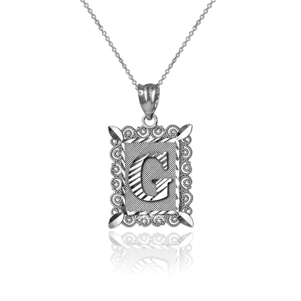 White Gold Filigree Alphabet Initial Letter "G" DC Charm Necklace