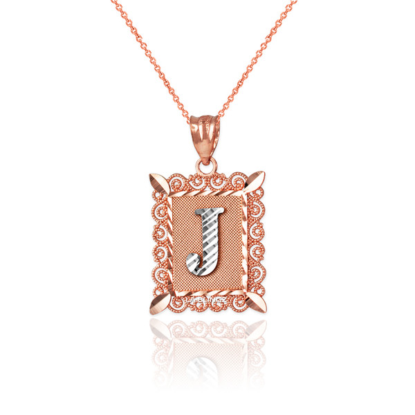 Two-tone Rose Gold Filigree Alphabet Initial Letter "J" DC Charm Necklace