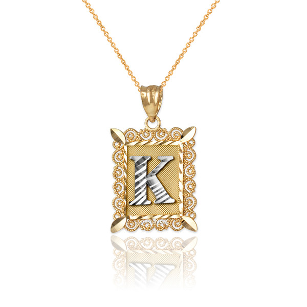 Two-tone Gold Filigree Alphabet Initial Letter "K" DC Charm Necklace