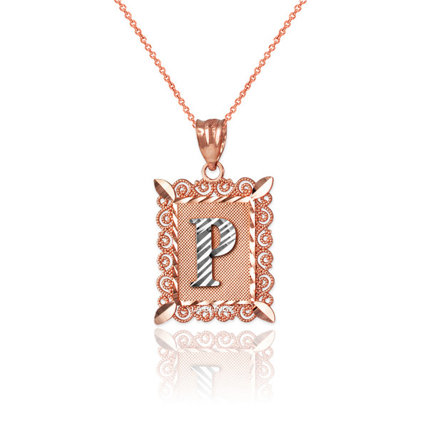 Two-tone Rose Gold Filigree Alphabet Initial Letter "P" DC Charm Necklace