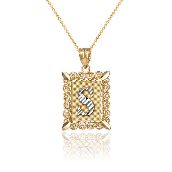 Two-tone Gold Filigree Alphabet Initial Letter "S" DC Charm Necklace